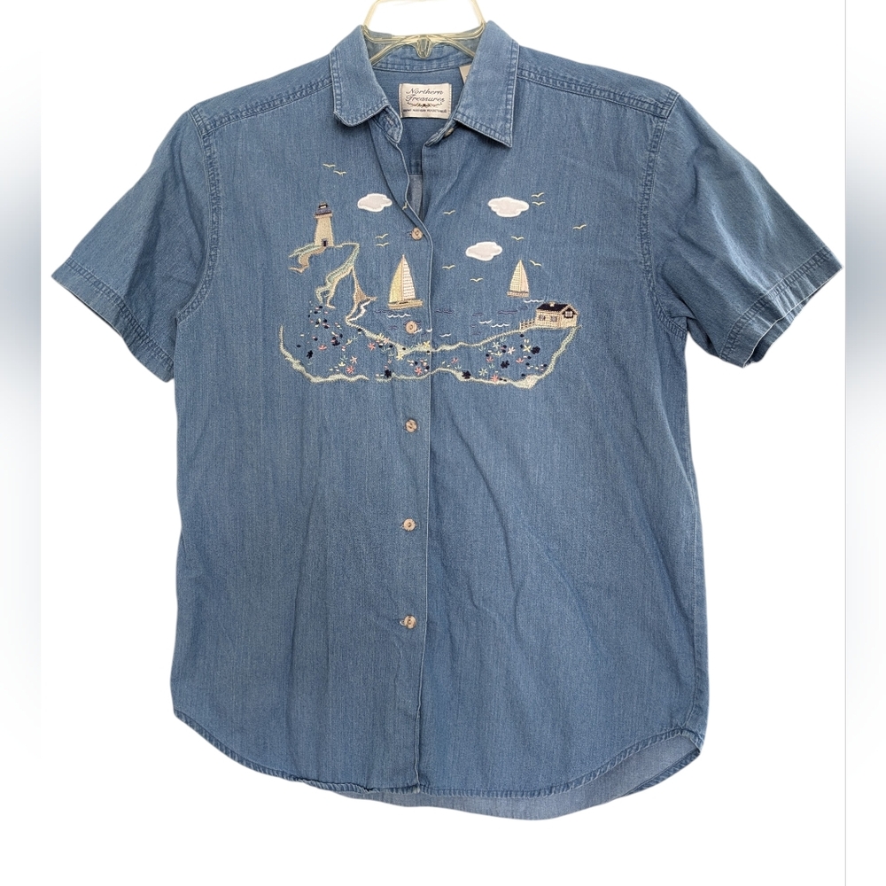 Northern Treasures Womens S Light Wash Denim Embroidered Shirt Sailboat Nautical